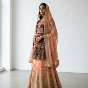 Peach and Burgundy Embroidered Formal Lehenga Ensemble