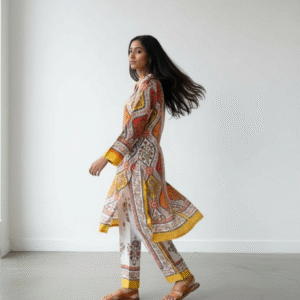 Orange and Yellow Printed Silk Co-ord Set