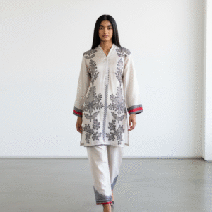 Light Beige Silk Co-ord Set  with Accent Borders