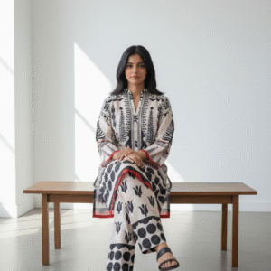 Black and White Printed Silk Co-ord Set with Red Accents