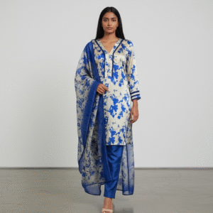 Blue and Off-white Floral Printed 3-piece Silk Suit