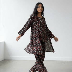 Black and Red Floral Rayon/Crepe Co-ord Set