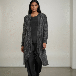 Black Satin Co-ord Set with Printed Cardigan- 3-piece