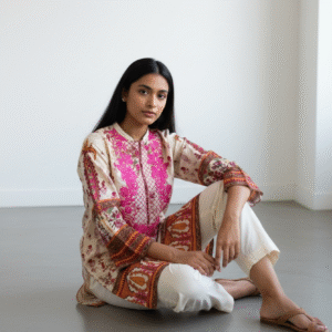 Beige Printed Cotton Suit with Magenta Embroidery