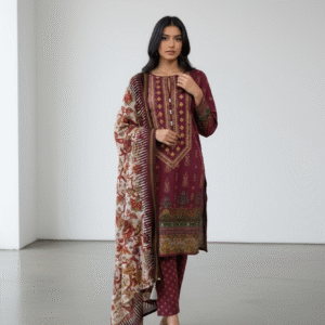 Maroon Printed 3-piece Cotton Suit with Mesh Dupatta