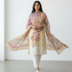 Light Yellow Floral Printed Cotton Blend 3-piece Suite