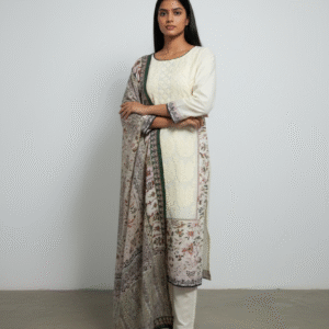 Beige Embrioded 3-piece Cotton Suit