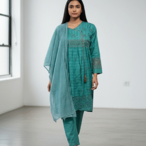 Teal Embroidered 3-piece Cotton Suit with Silk Dupatta