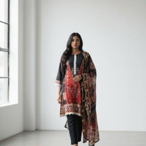 Black & Red Printed 3-piece Lawn Suit