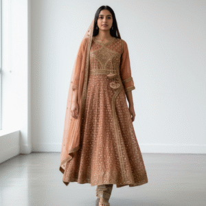 Burnt Orange and Gold Embroidered Anarkali Suit