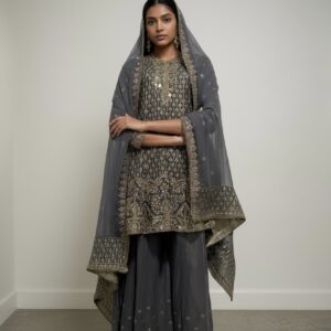 Charcoal Grey and Gold Embroidered Sharara Set
