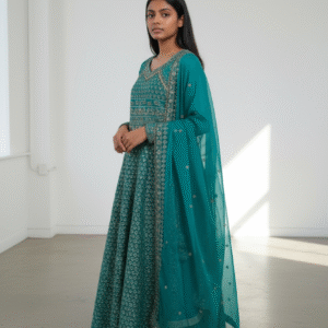 Teal Blue and Gold Embroidered Anarkali Suit