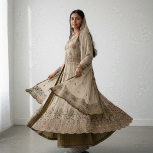 Taupe and Multicolour Embroidered Anarkali Sharara Set