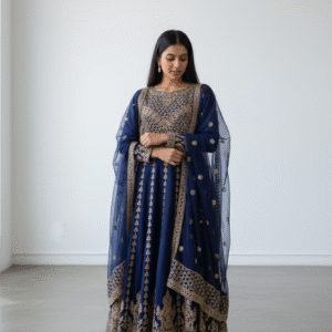 Navy Blue and Gold Embroidered Anarkali Suit