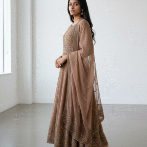 Copper Brown and Gold Embroidered Anarkali Suit