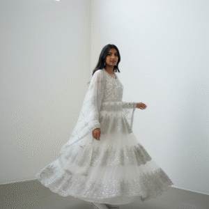 Elegant White and Silver Embroidered Anarkali Suit