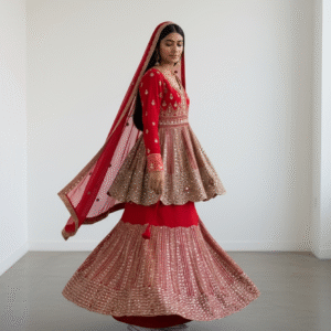 Bright Red and Gold Embroidered Peplum Lehenga Set