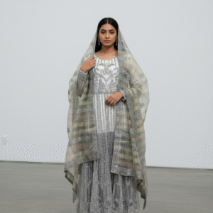 Silver Grey Embroidered Anarkali Suit with Multicolour Dupatta