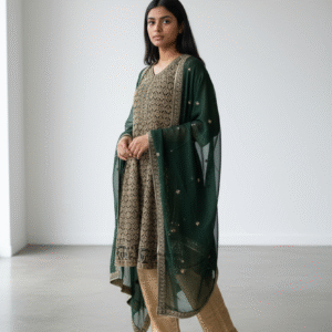 Deep Green and Gold Embroidered Georget Suit