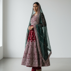 Maroon and Silver Embroidered Anarkali Suit with Multitone Dupatta