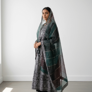 Black and Silver Embroidered Anarkali Suit with Multitone Dupatta