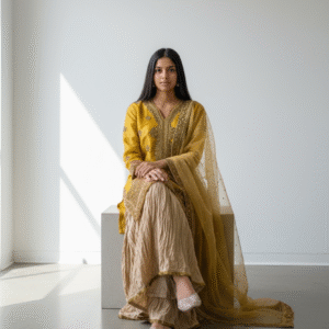 Mustard Yellow and Gold Embroidered Sharara Set