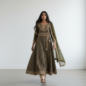 Olive Green and Gold Embroidered Anarkali Suit