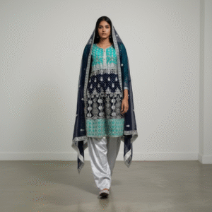 Teal and Navy Blue Embroidered Party Dress