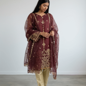 Deep Maroon and Gold Embroidered Straight-Cut Suit