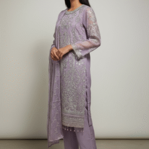 Soft Lavender and Silver Embroidered Straight-Cut Suit