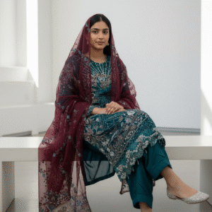 Teal Blue and Maroon Embroidered Pakistani Suit