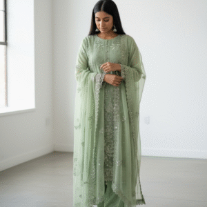 Pastel Green and resham Embroidered Straight-Cut Suit