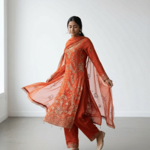 Rust Orange and Gold Embroidered Straight-Cut Suit