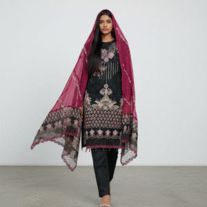 Black and Magenta Floral Embroidered Straight-Cut Suit