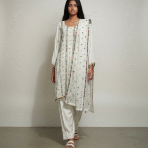 White Multicolour Mirror Work Straight-Cut Suit