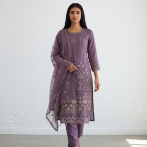 Mauve and Gold Embroidered Straight-Cut Suit