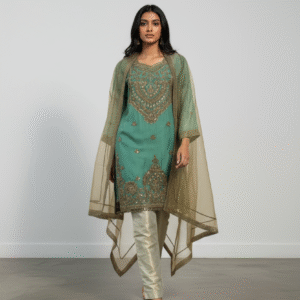 Teal Green and Bronze Embroidered Straight-Cut Suit