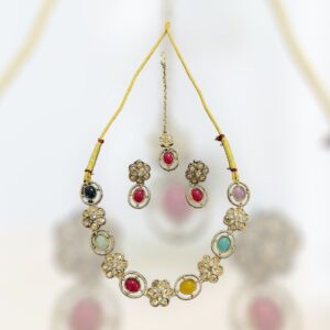 4-piece Navratna Kundan Multicolored Choker Jewellery Set with Maang Tikka