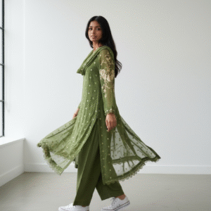 Olive Green and Gold Embroidered Straight-Cut Suit