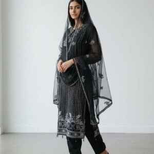 Black and Silver Embroidered Straight-Cut Suit