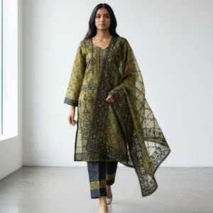 Mustard Yellow and Black Embroidered net Suit