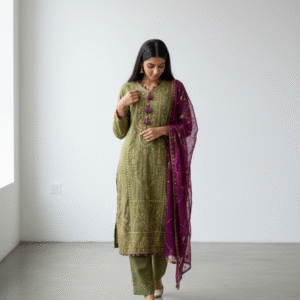 Olive Green and Magenta Embroidered Straight-Cut Suit