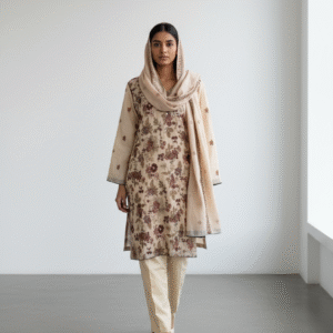 Beige and Maroon Floral Embroidered net Suit