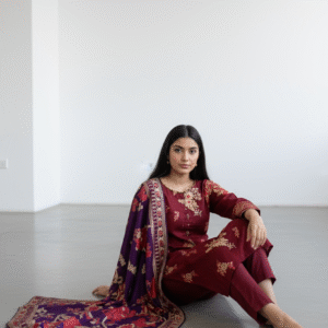 Maroon and Purple Floral resham Woven Straight-Cut Suit