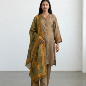 Taupe and Olive Green resham woven Straight-Cut Suit