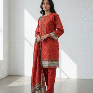 Terracotta Printed Straight-Cut Khadder Suit with Multicolour Borders