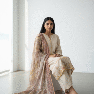 Soft Beige Printed and Embroidered Straight-Cut Suit