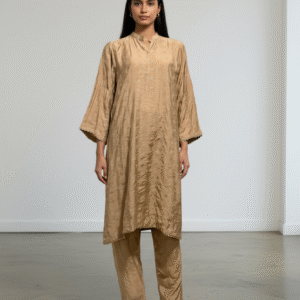 Elegant Beige/Tan Embroidered Two-Piece Tunic Set with Herringbone Pattern