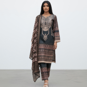 Ethnic Printed Brown trousers Kameez Set