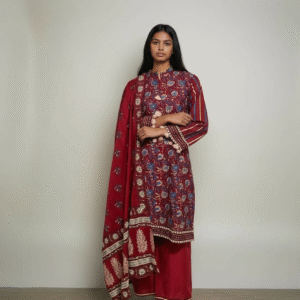 Traditional Red block Printed  trousers Set